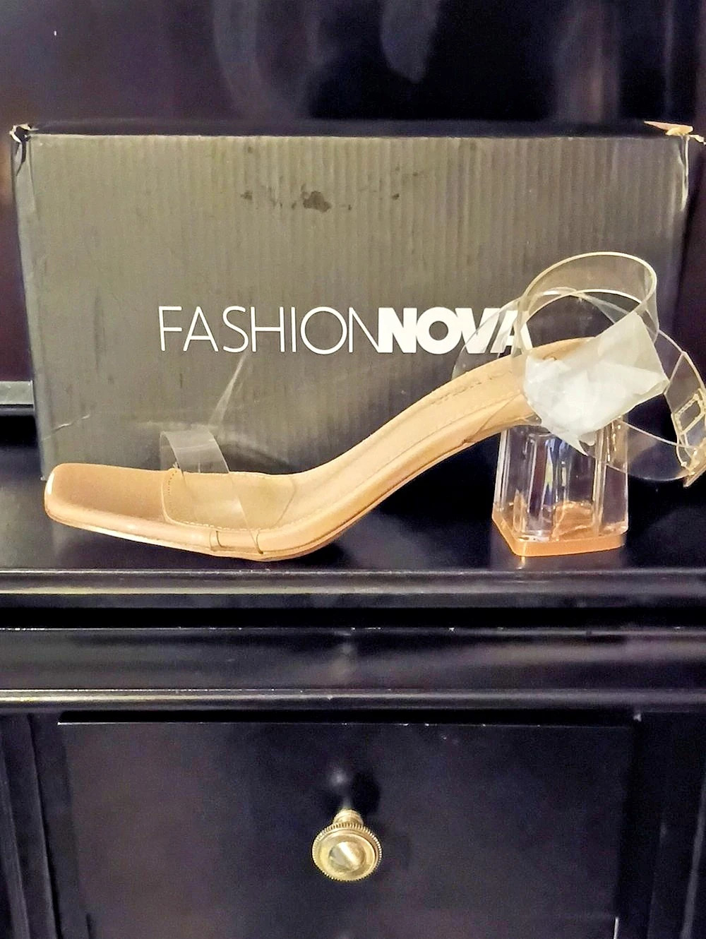 Fashion Nova Clear Heel Strappy Pumps in Beige